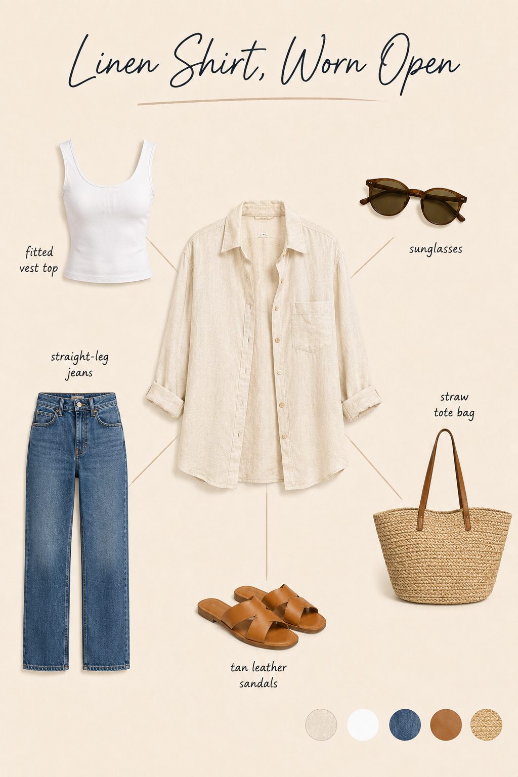 Linen shirt worn open over a vest outfit collage