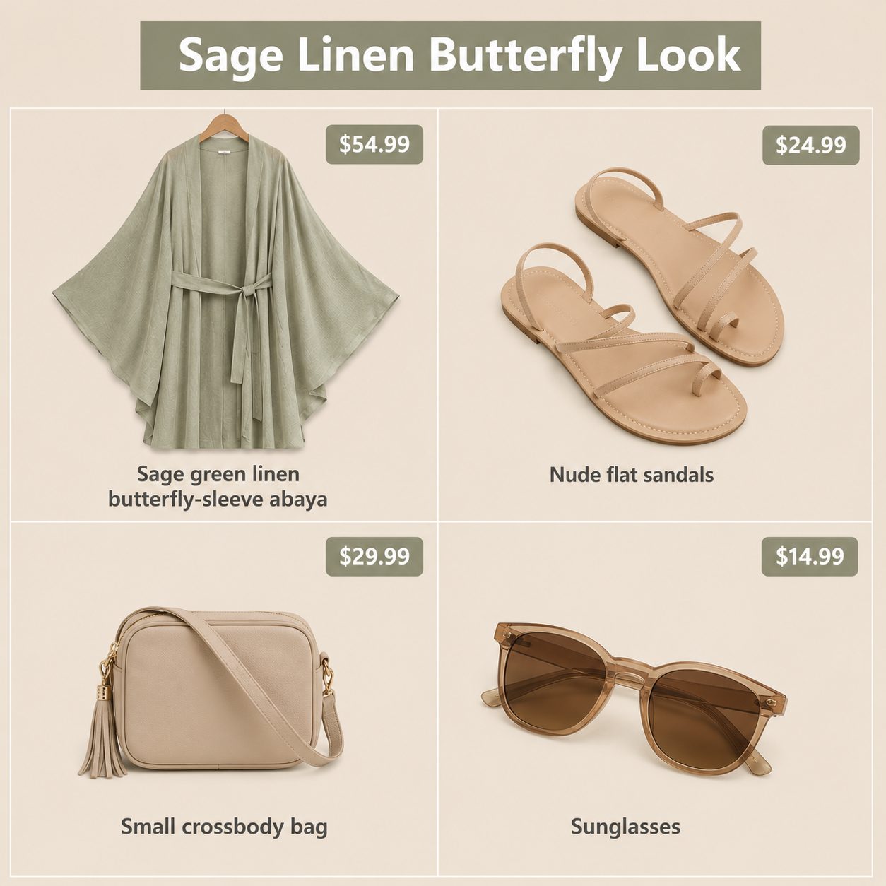 Sage green linen butterfly abaya with nude sandals outfit