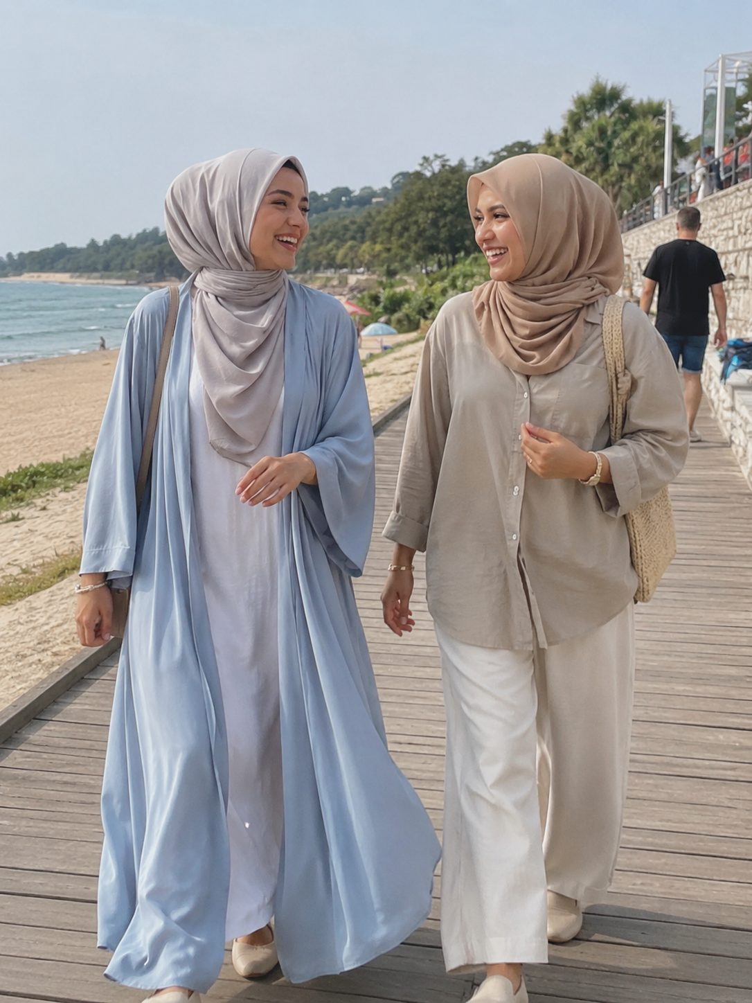 Ice-silk kimono abaya over a white slip dress on a beach boardwalk