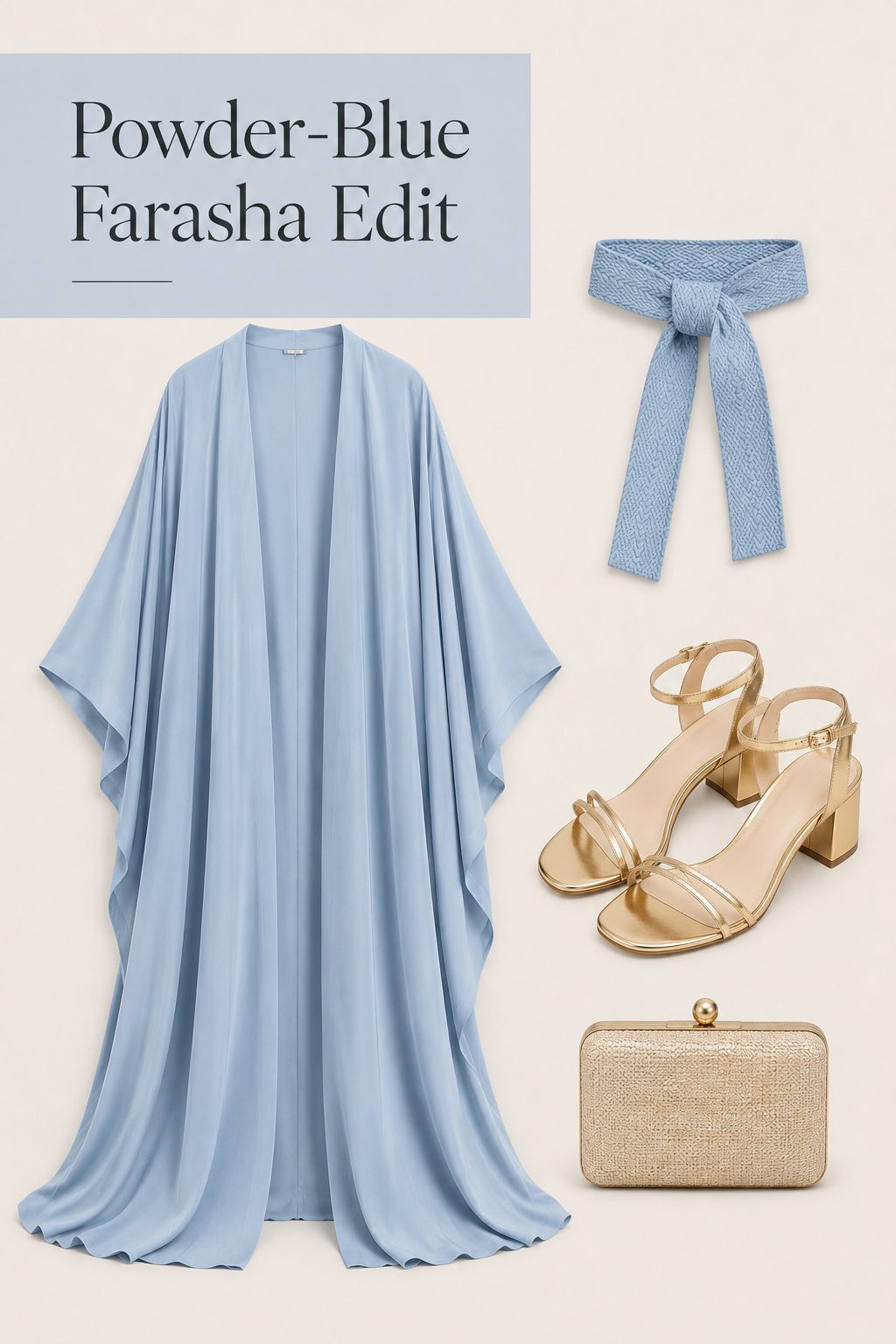 Powder-blue crepe farasha abaya with a woven belt outfit