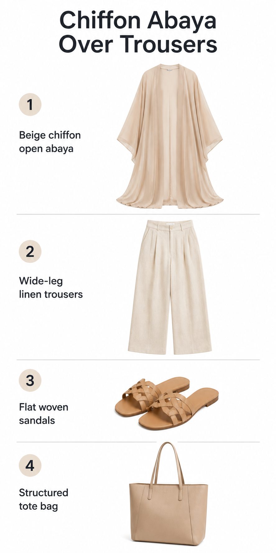 Beige chiffon abaya layered over wide-leg linen trousers outfit
