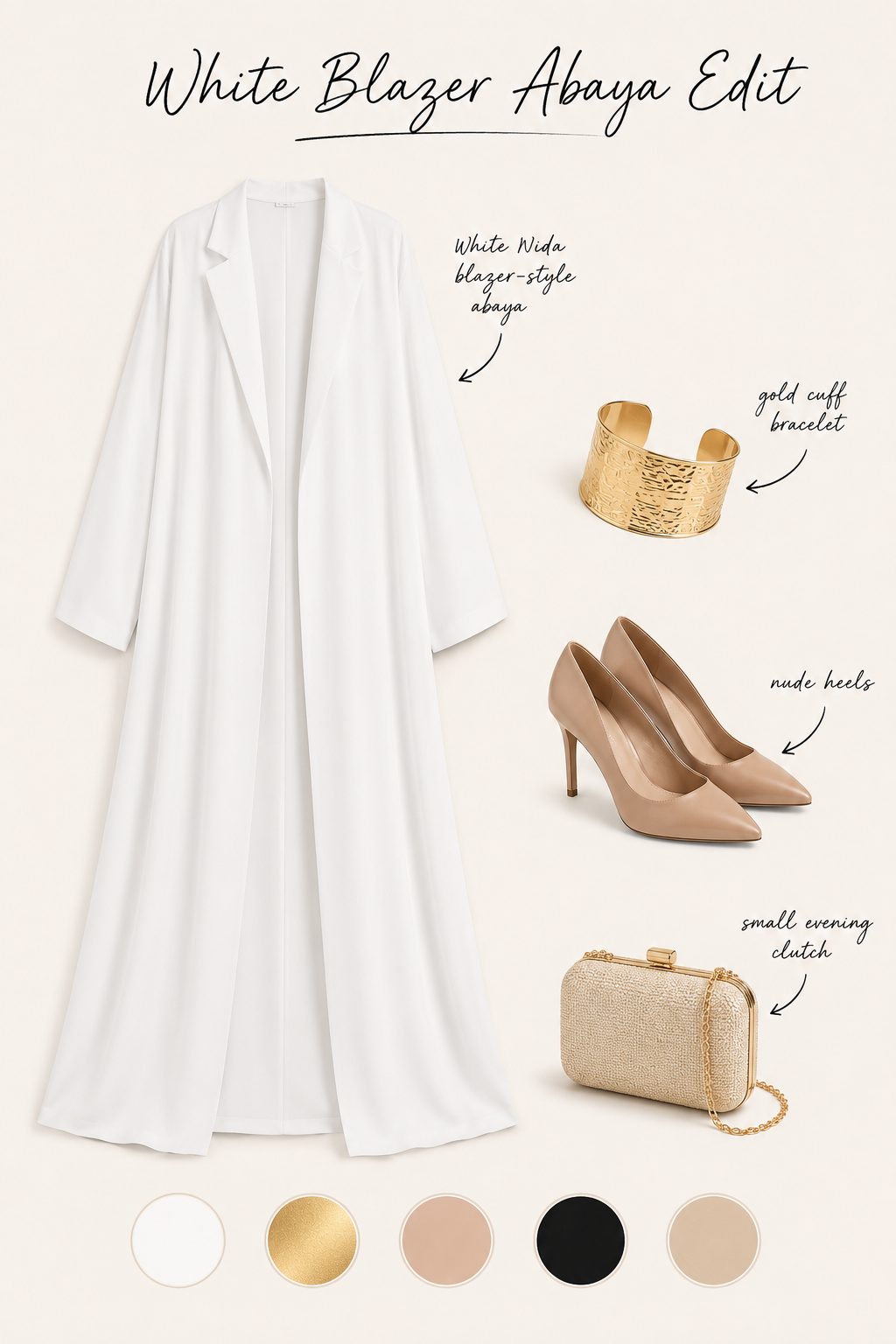 White Nida blazer abaya with a gold cuff bracelet outfit