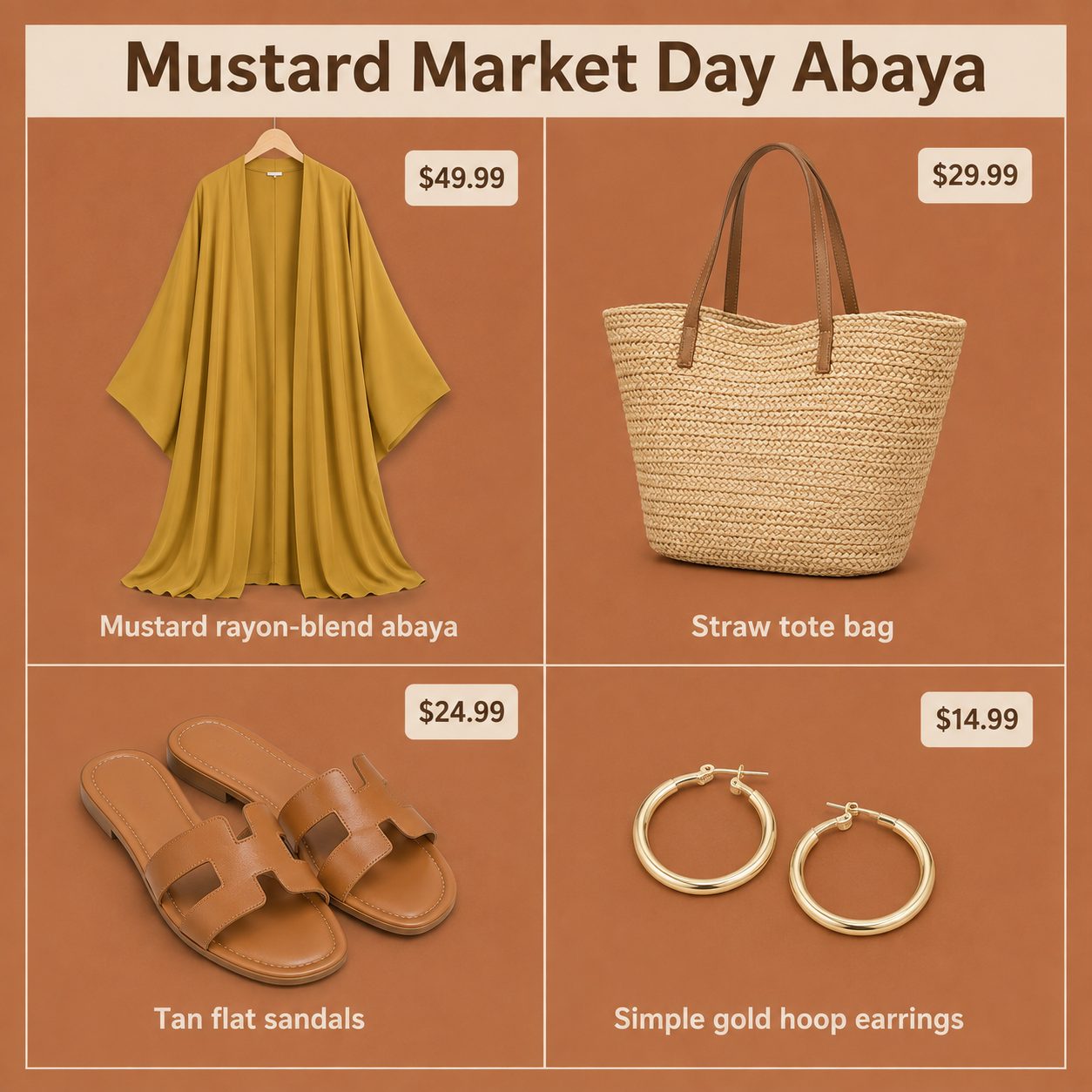 Mustard rayon-blend abaya with a straw tote bag outfit