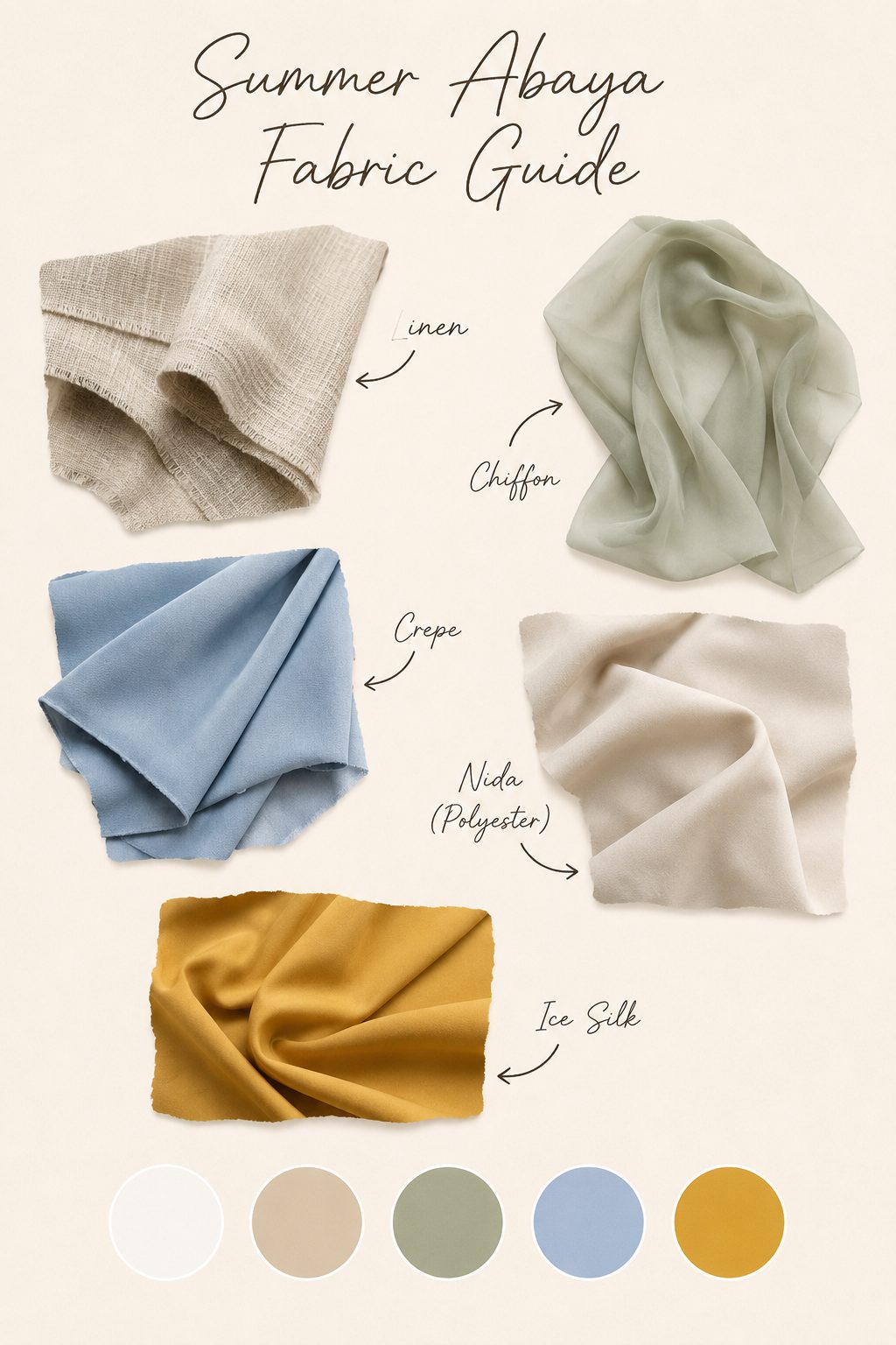 Summer abaya fabric guide swatches: linen, chiffon, crepe, Nida, ice silk
