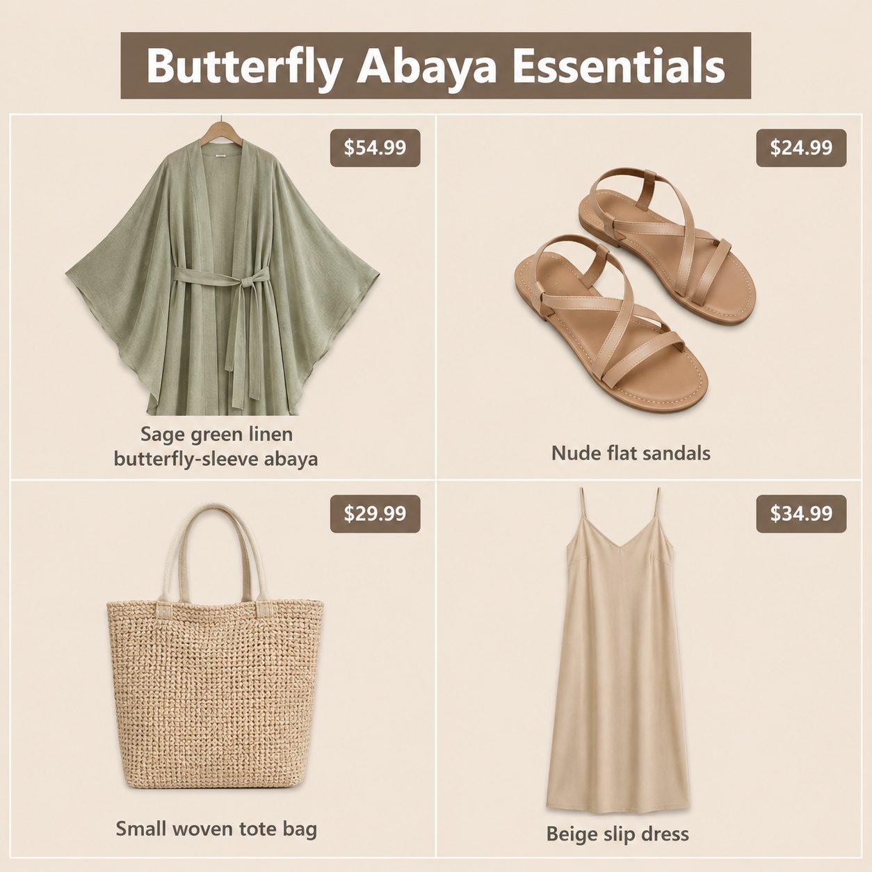 Butterfly abaya essentials flat lay with sage linen abaya and sandals