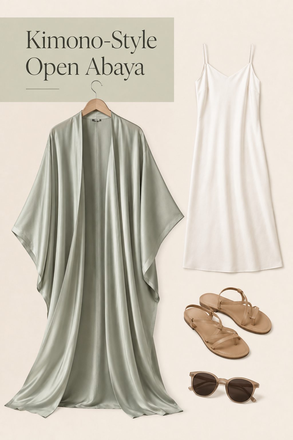 Kimono-style open abaya in ice silk with white slip dress