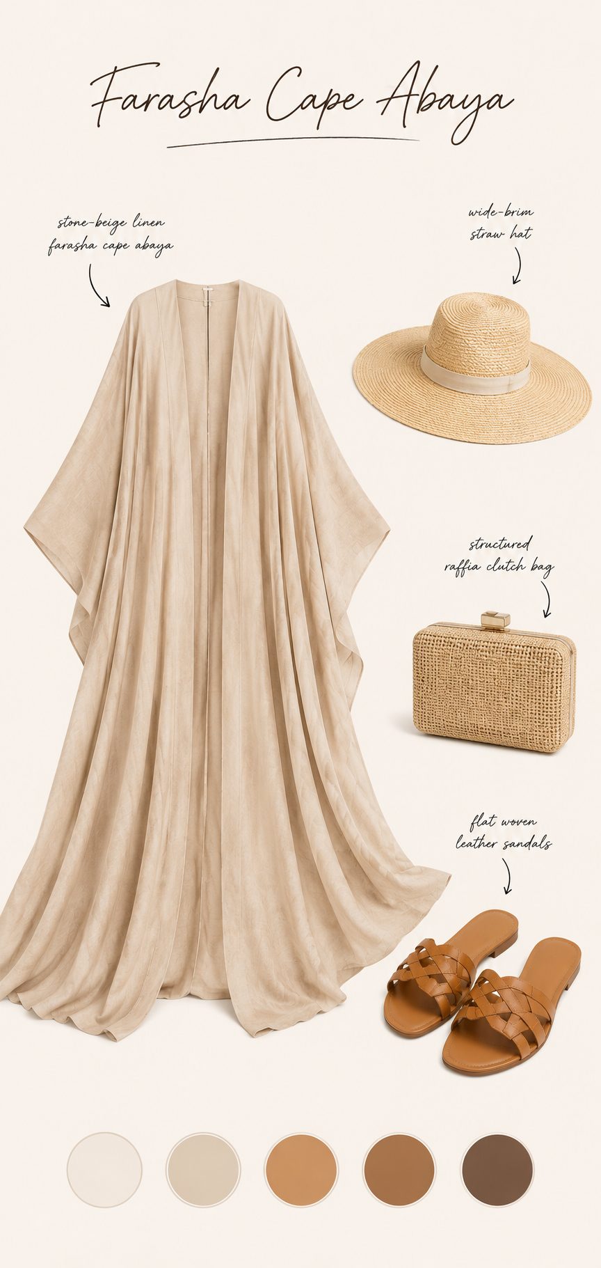 Farasha cape abaya flat lay in stone beige linen with wide brim hat and raffia clutch