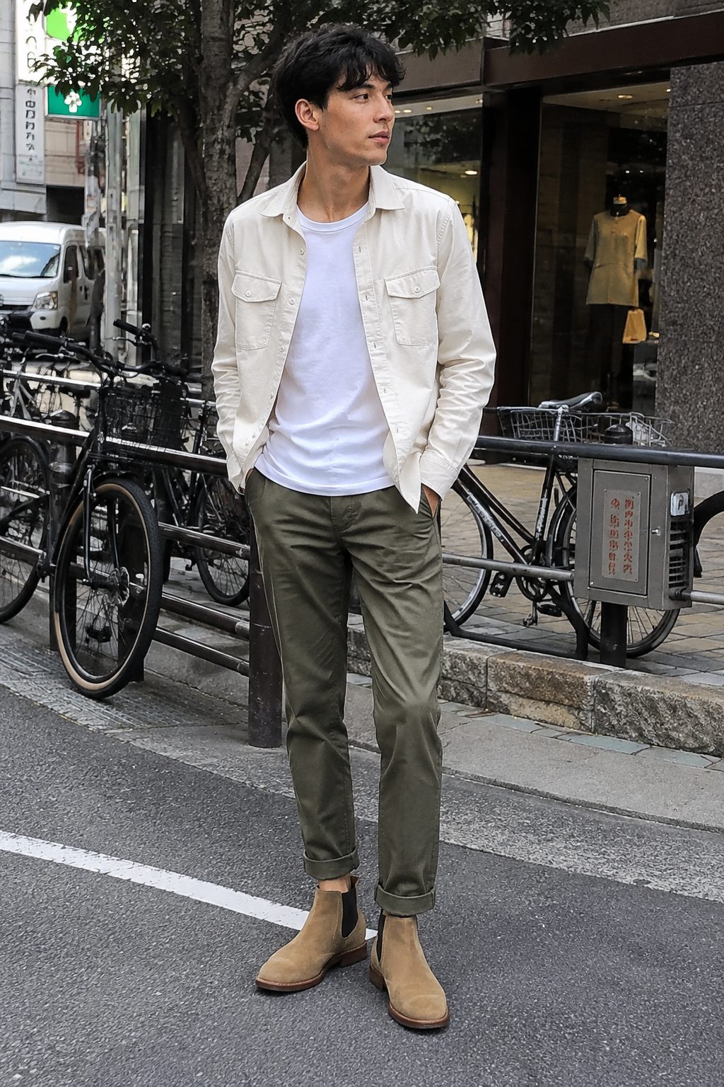 Suede Chelsea Boots with Cuffed Chinos