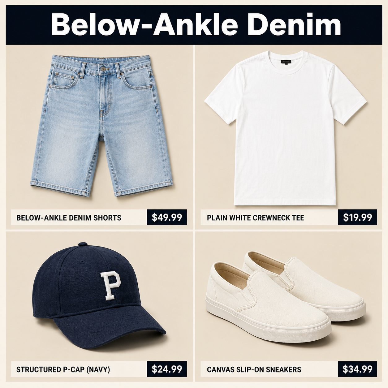 Below-the-Ankle Denim Shorts with a P-Cap