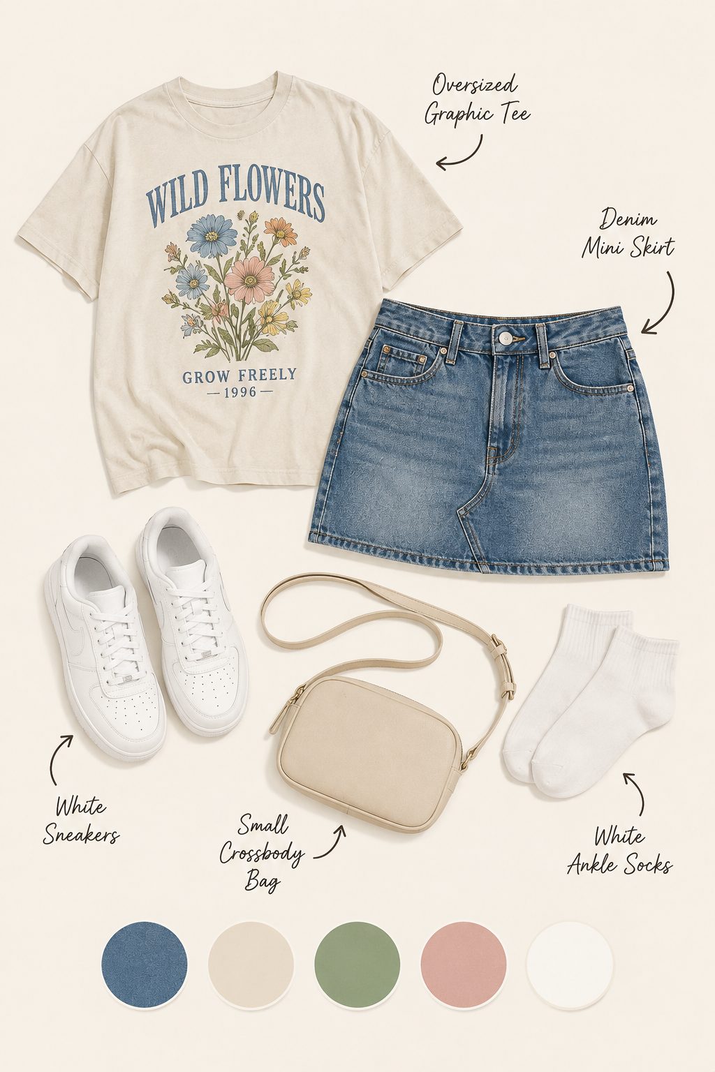 Denim Mini Skirt With a Graphic Tee and White Sneakers