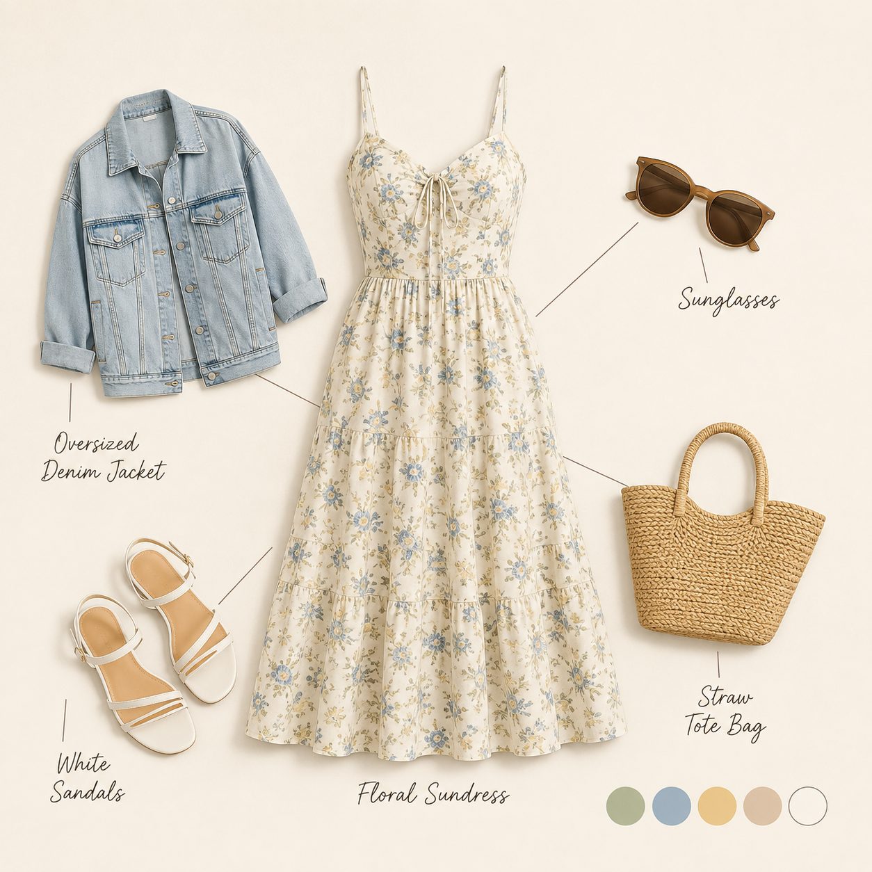 Floral Sundress With a Denim Jacket Tied at the Waist