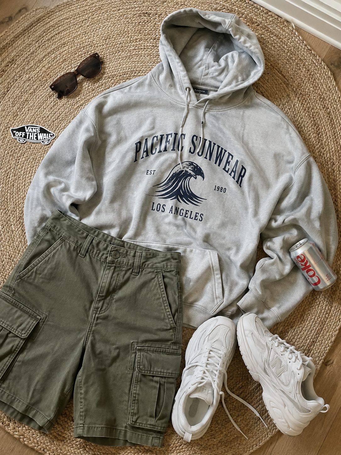 Cargo Shorts With an Oversized Graphic Hoodie, Sleeves Pushed Up