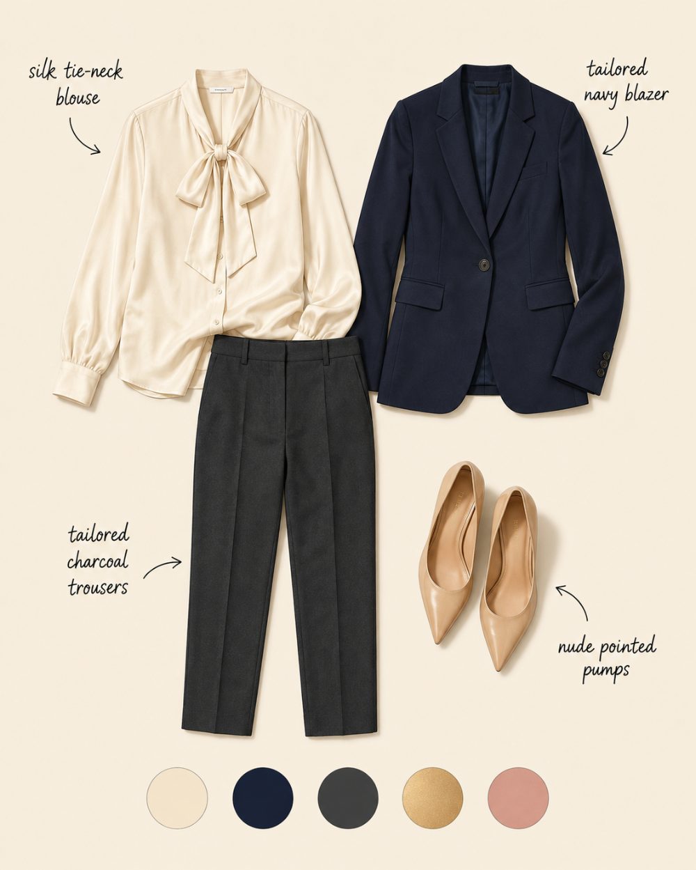 Silk tie-neck blouse with a tailored blazer outfit