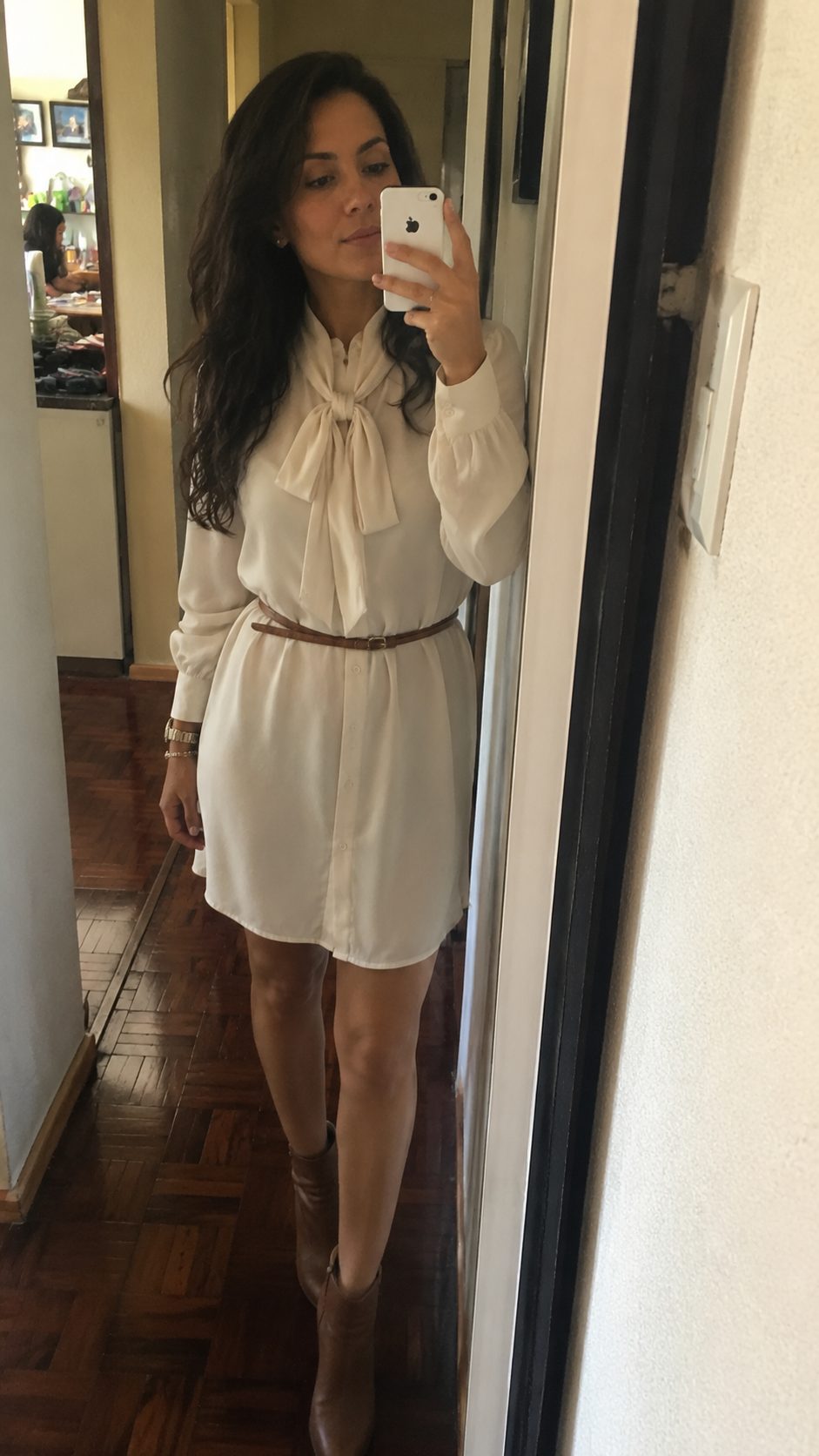 Tie-neck blouse dress with ankle boots outfit