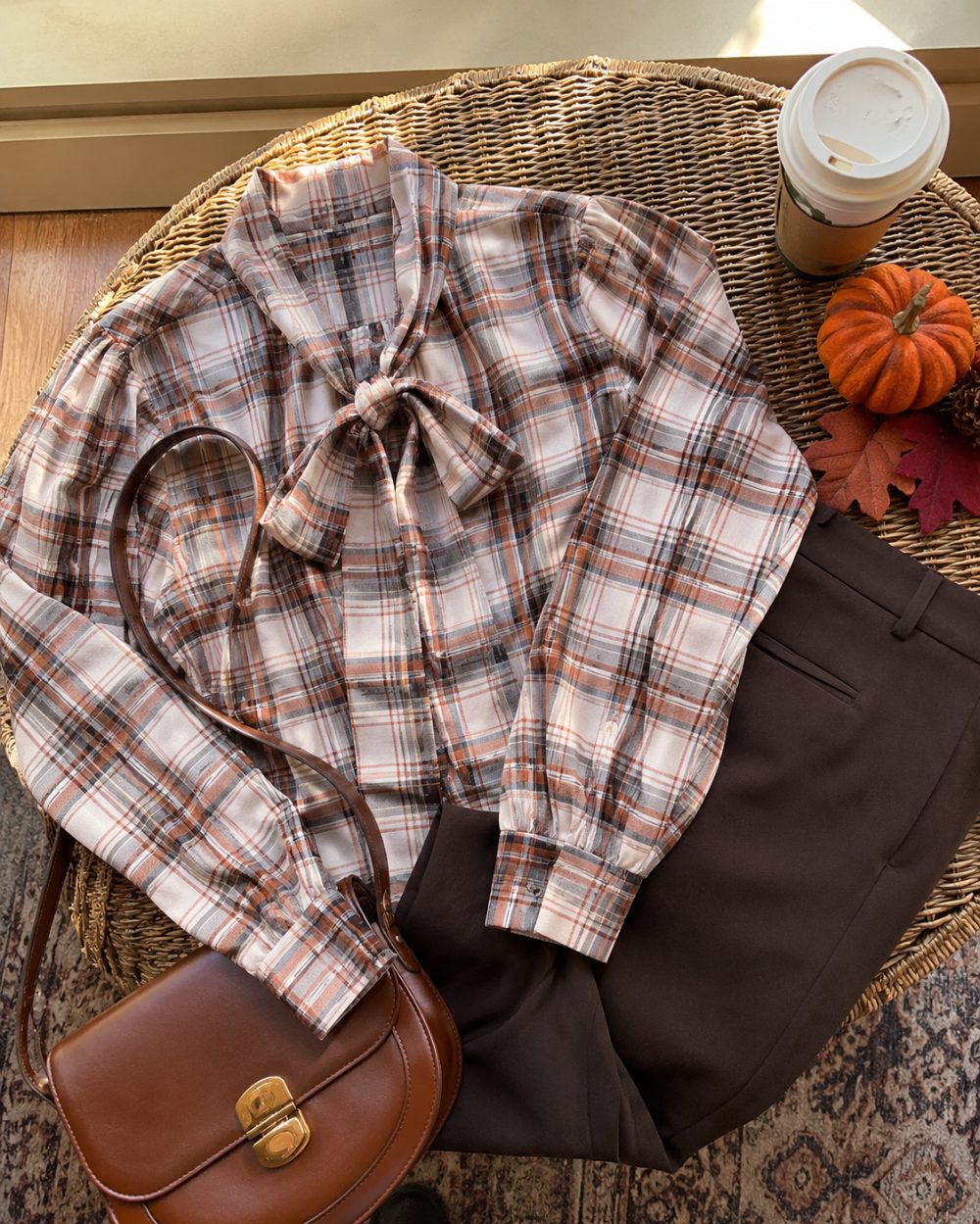 Plaid tie-neck blouse for a fall office look