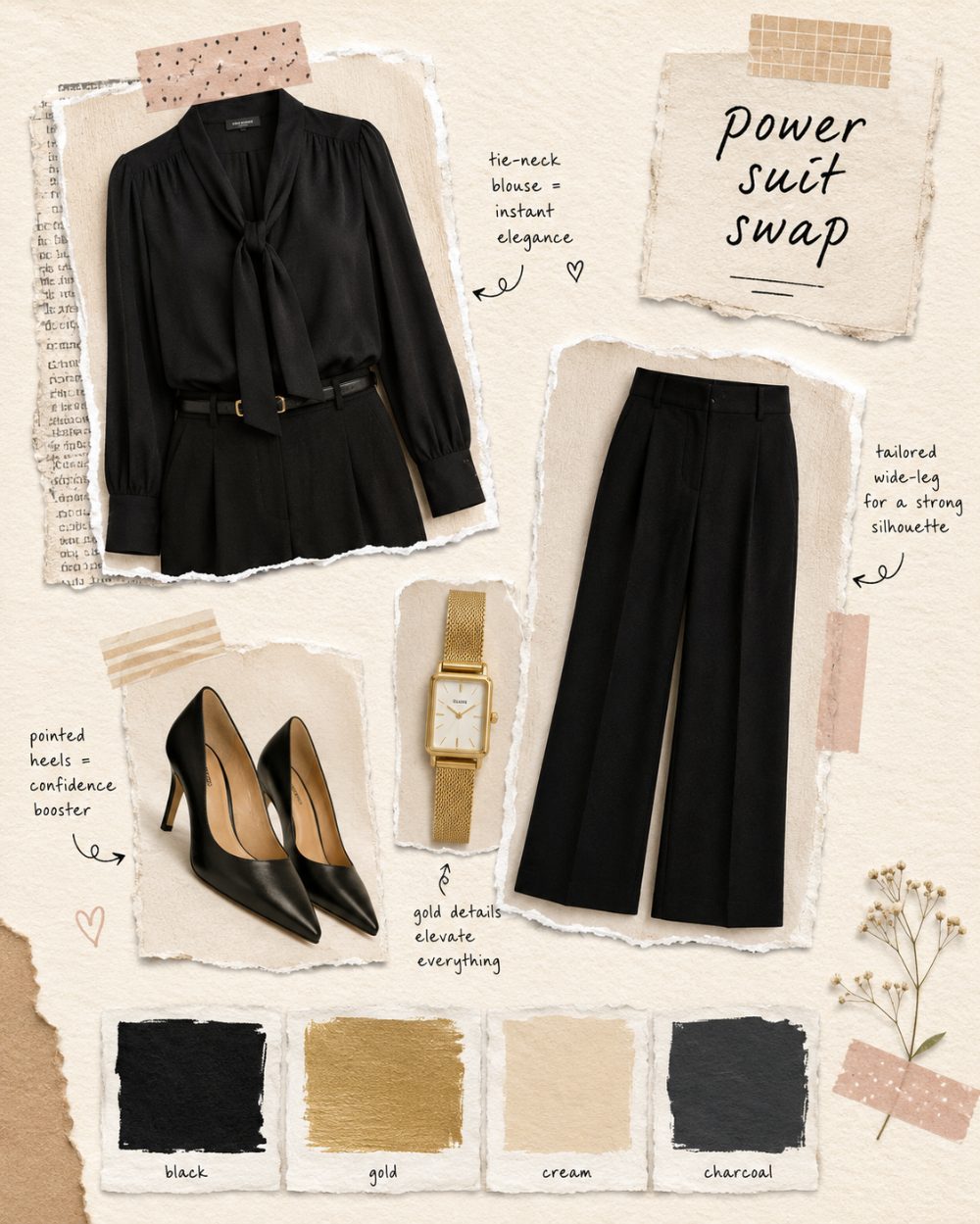Tie-neck blouse with a matching trouser suit outfit