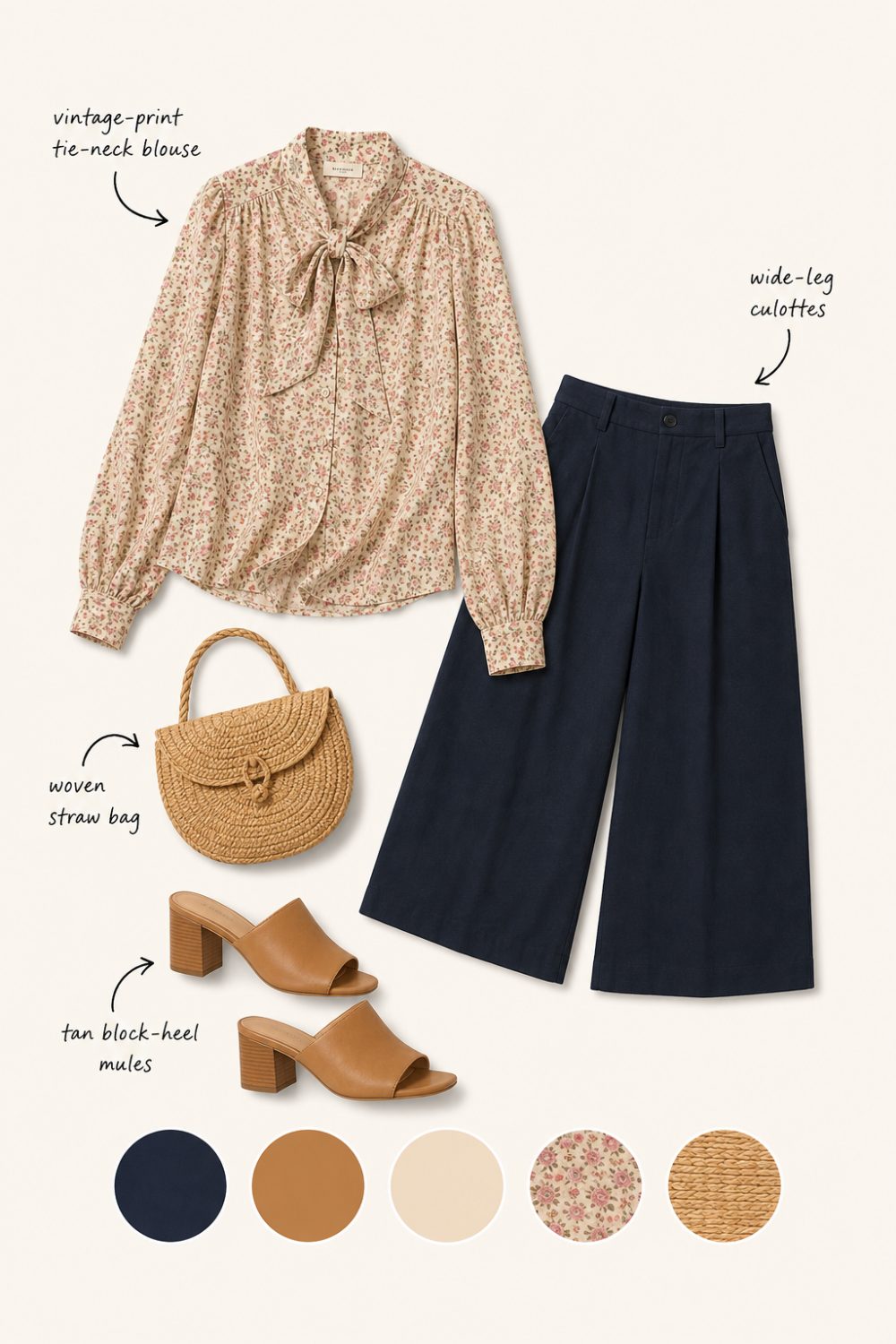 Vintage-print tie-neck blouse with culottes outfit