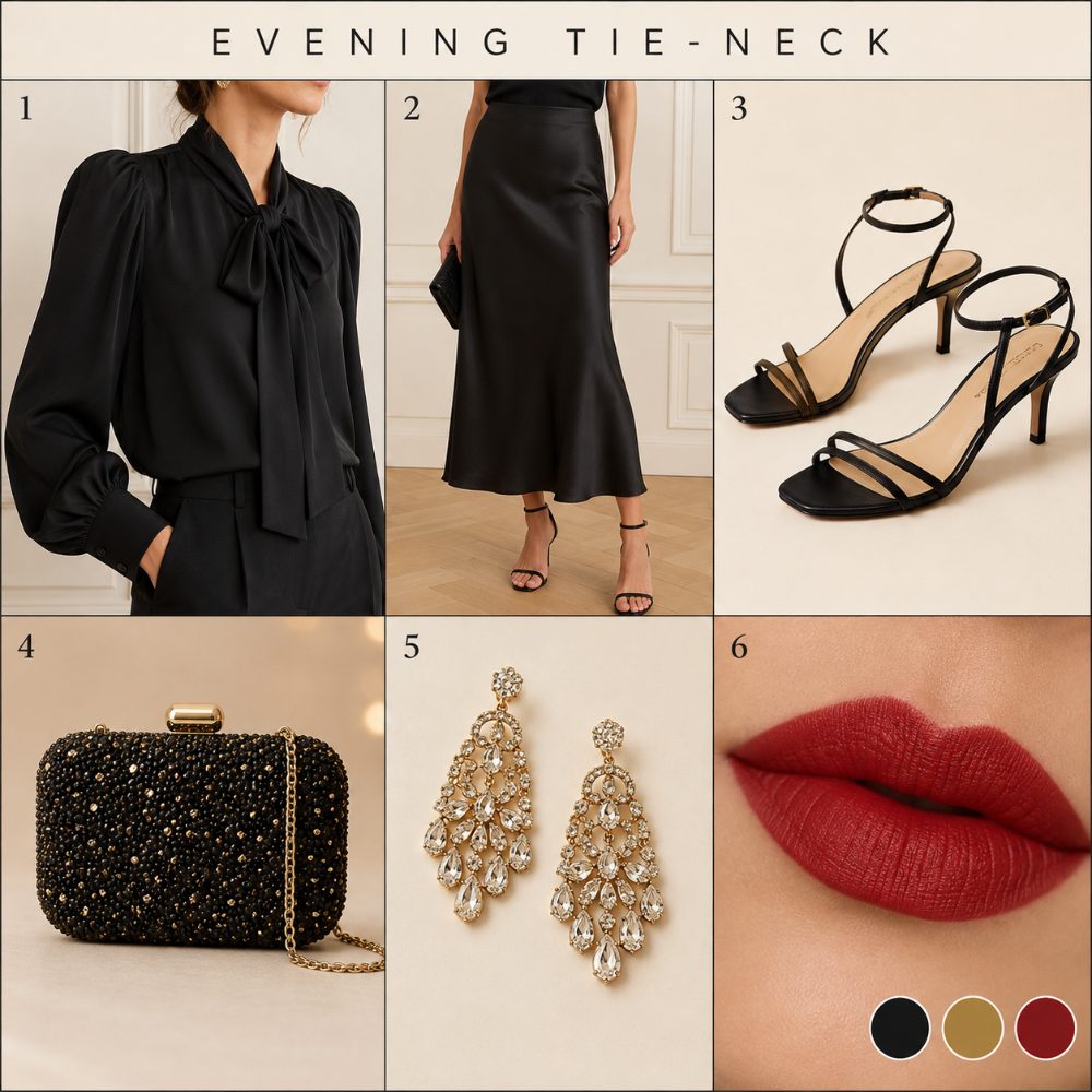 Tie-neck blouse with a statement sleeve for evening