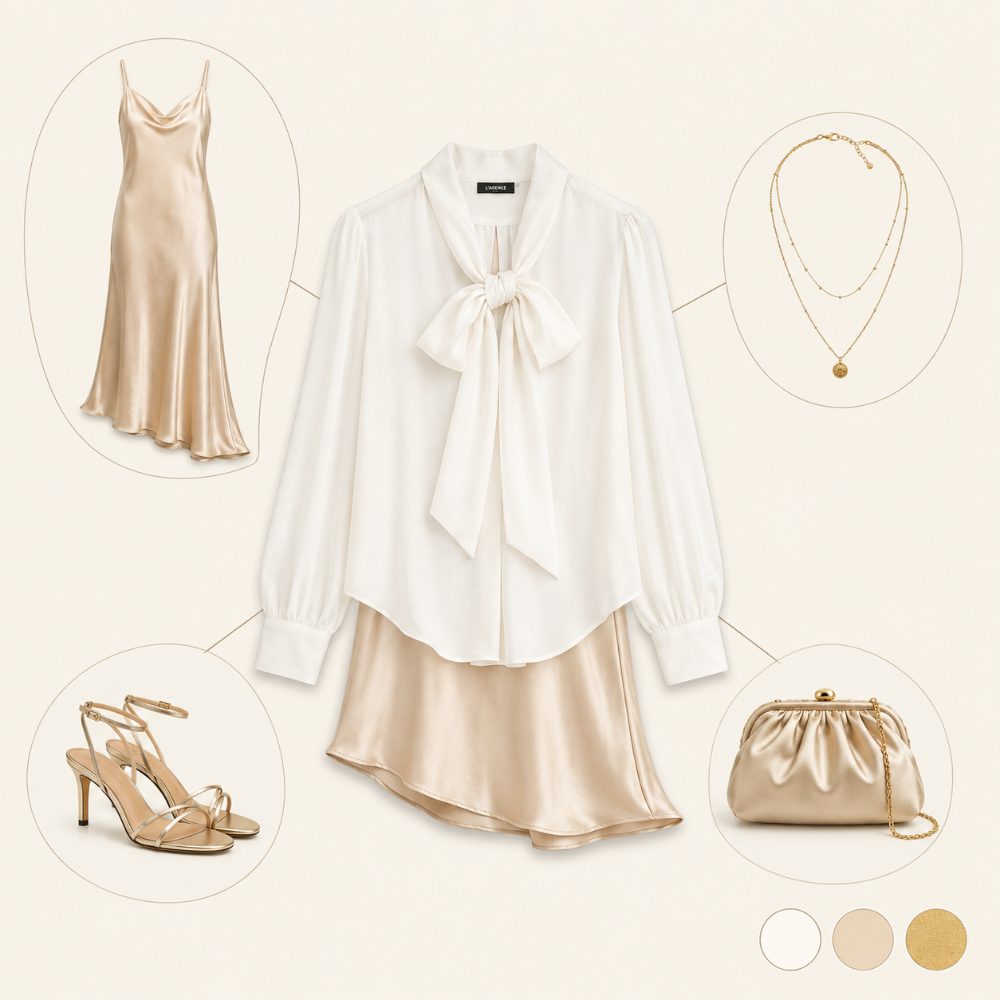 Tie-neck blouse layered under a slip dress outfit