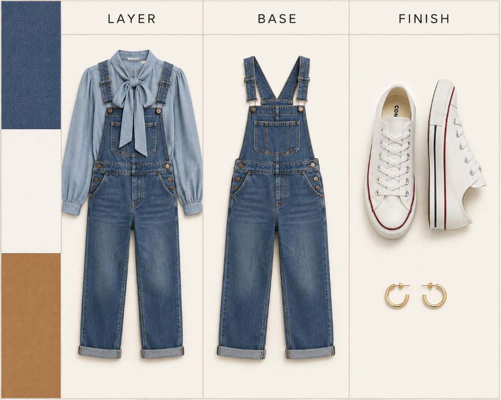 Tie-neck blouse with overalls outfit