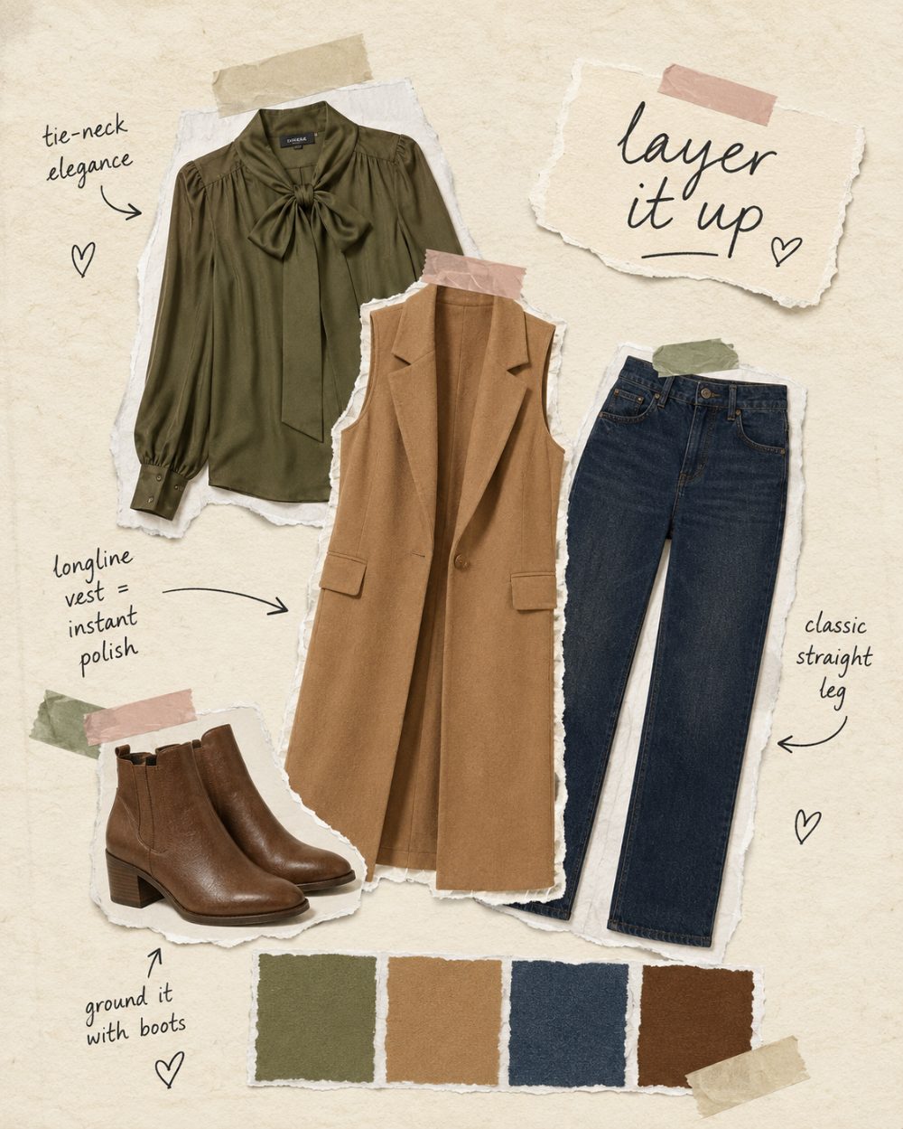 Tie-neck blouse with a longline vest outfit