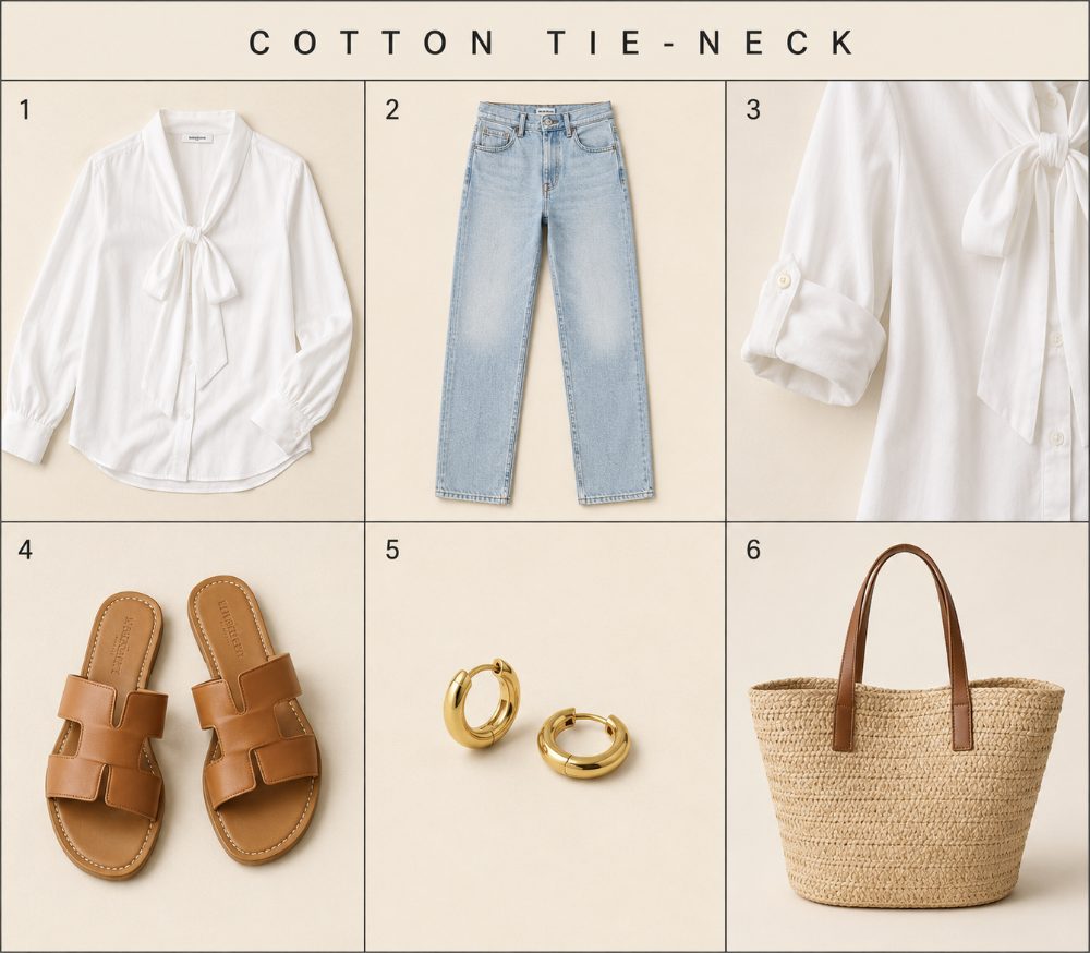 Cotton tie-neck blouse with straight-leg jeans outfit
