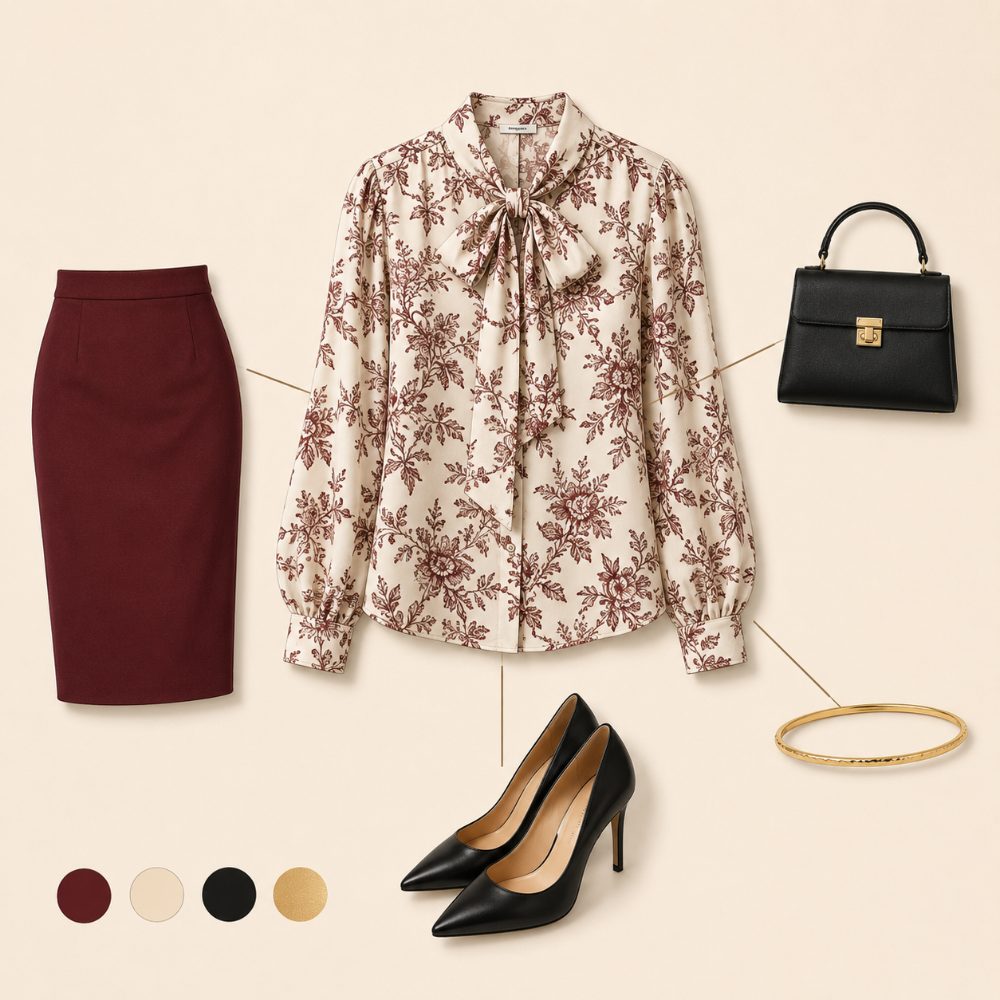Printed tie-neck blouse with a pencil skirt outfit
