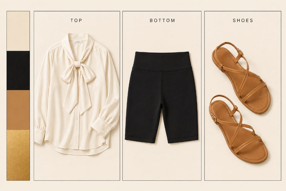 Oversized tie-neck blouse with bike shorts outfit