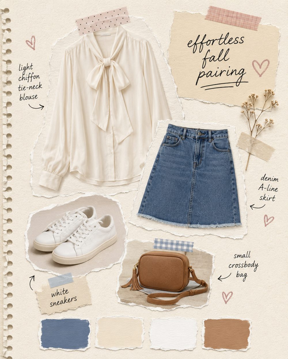 Chiffon tie-neck blouse with a denim skirt outfit