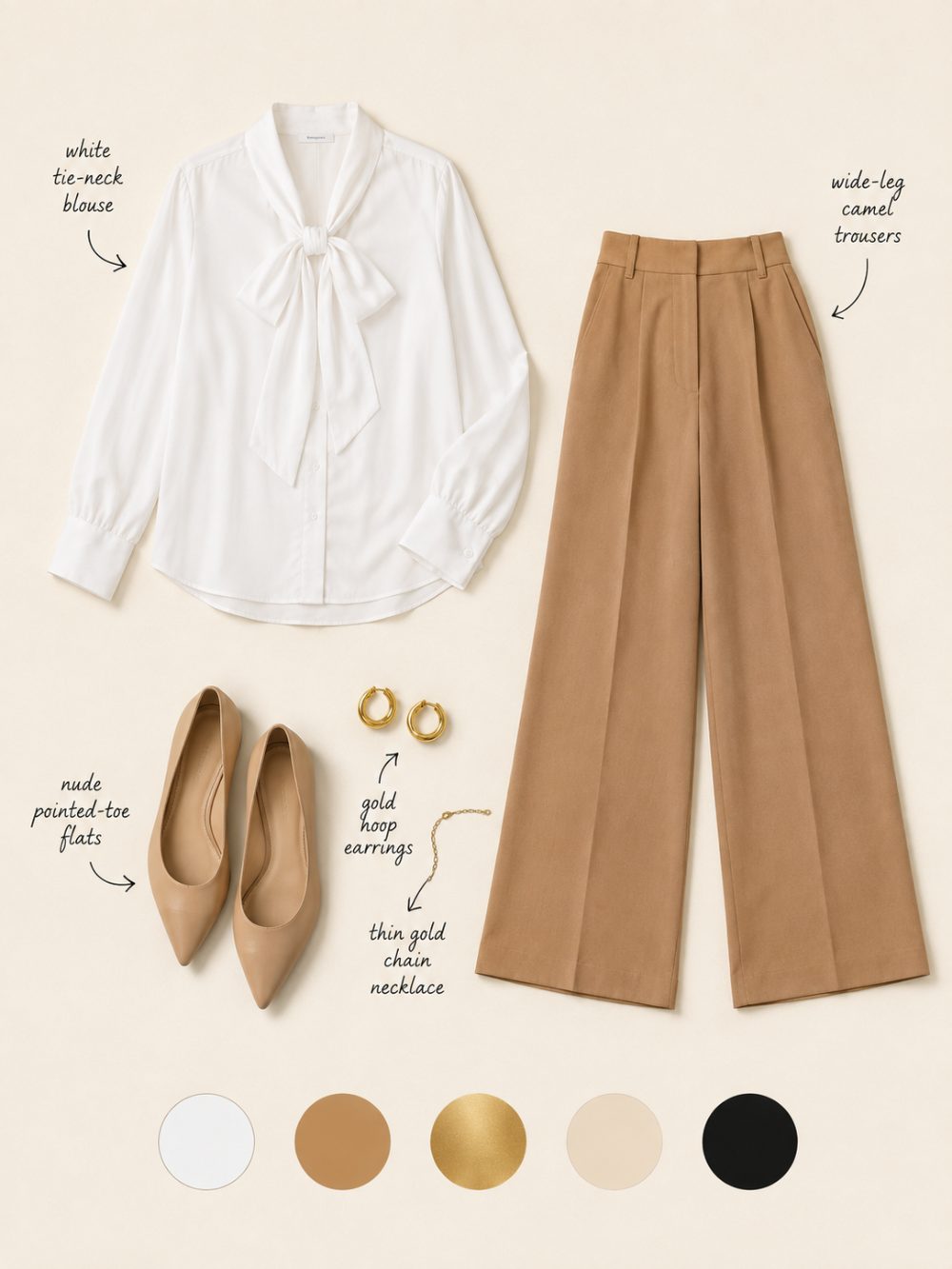 White tie-neck blouse with wide-leg trousers outfit