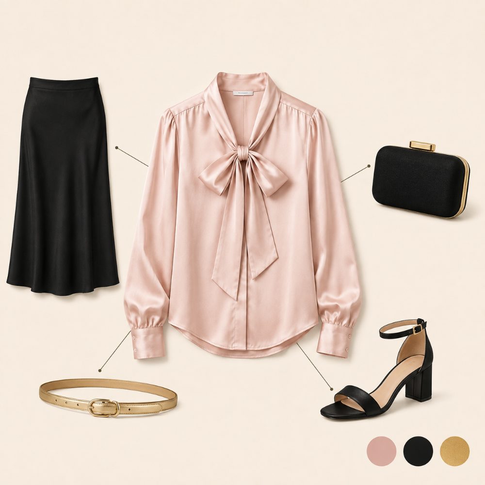 Satin tie-neck blouse with a midi skirt outfit
