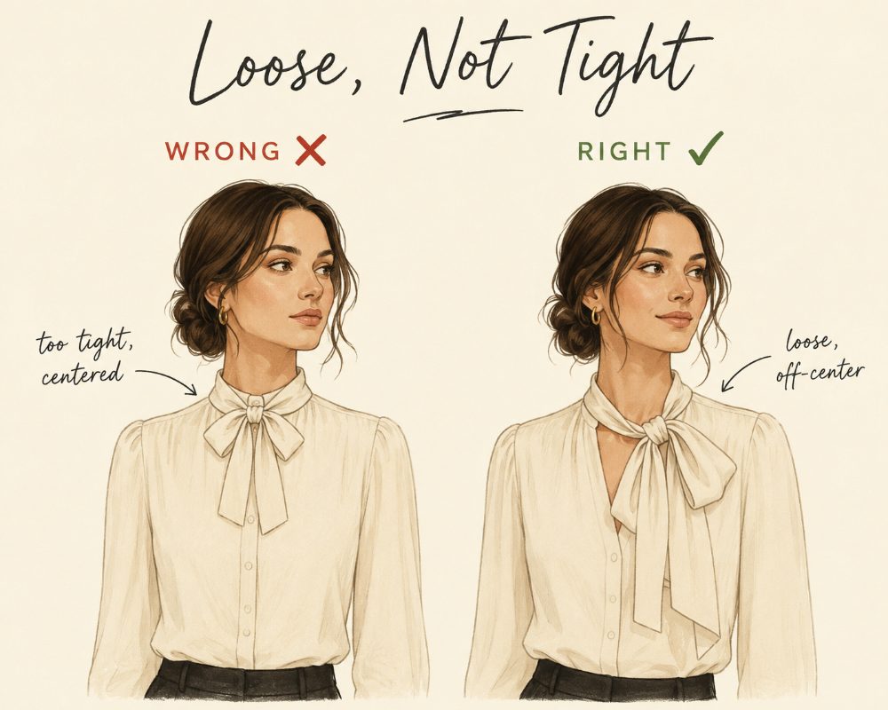 Tie the bow loose and off-center diagram