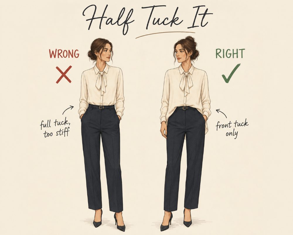Half tuck styling diagram for tie-neck blouse