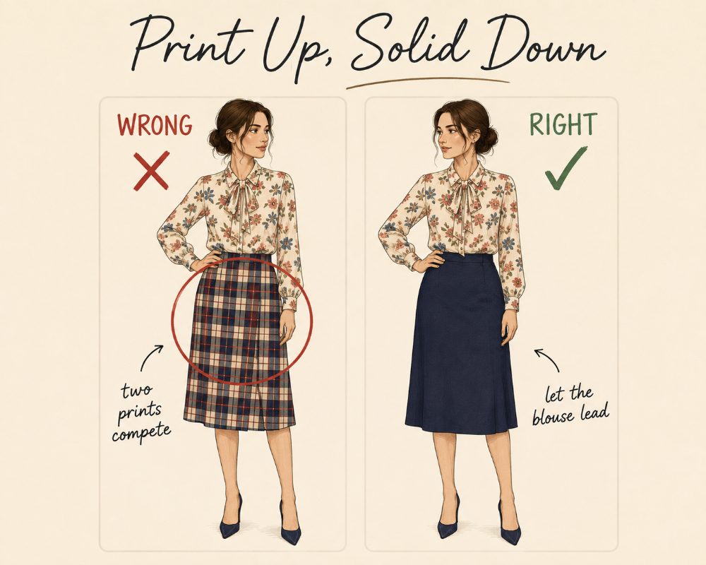 Pairing printed tie-neck blouse with solid pieces diagram