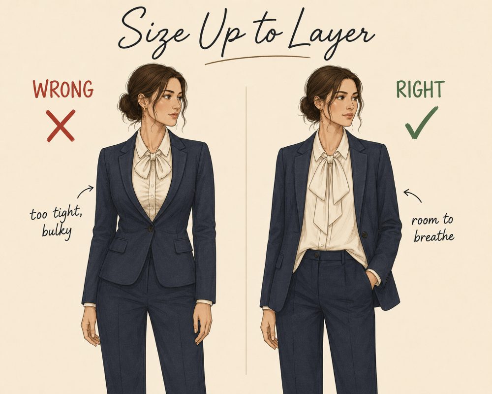 Sizing up a tie-neck blouse for layering diagram