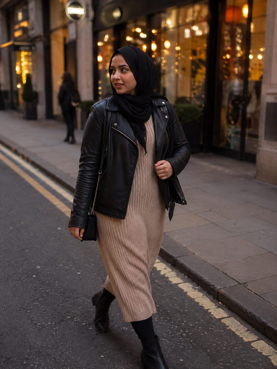 A Leather Jacket Over a Long Sweater Dress