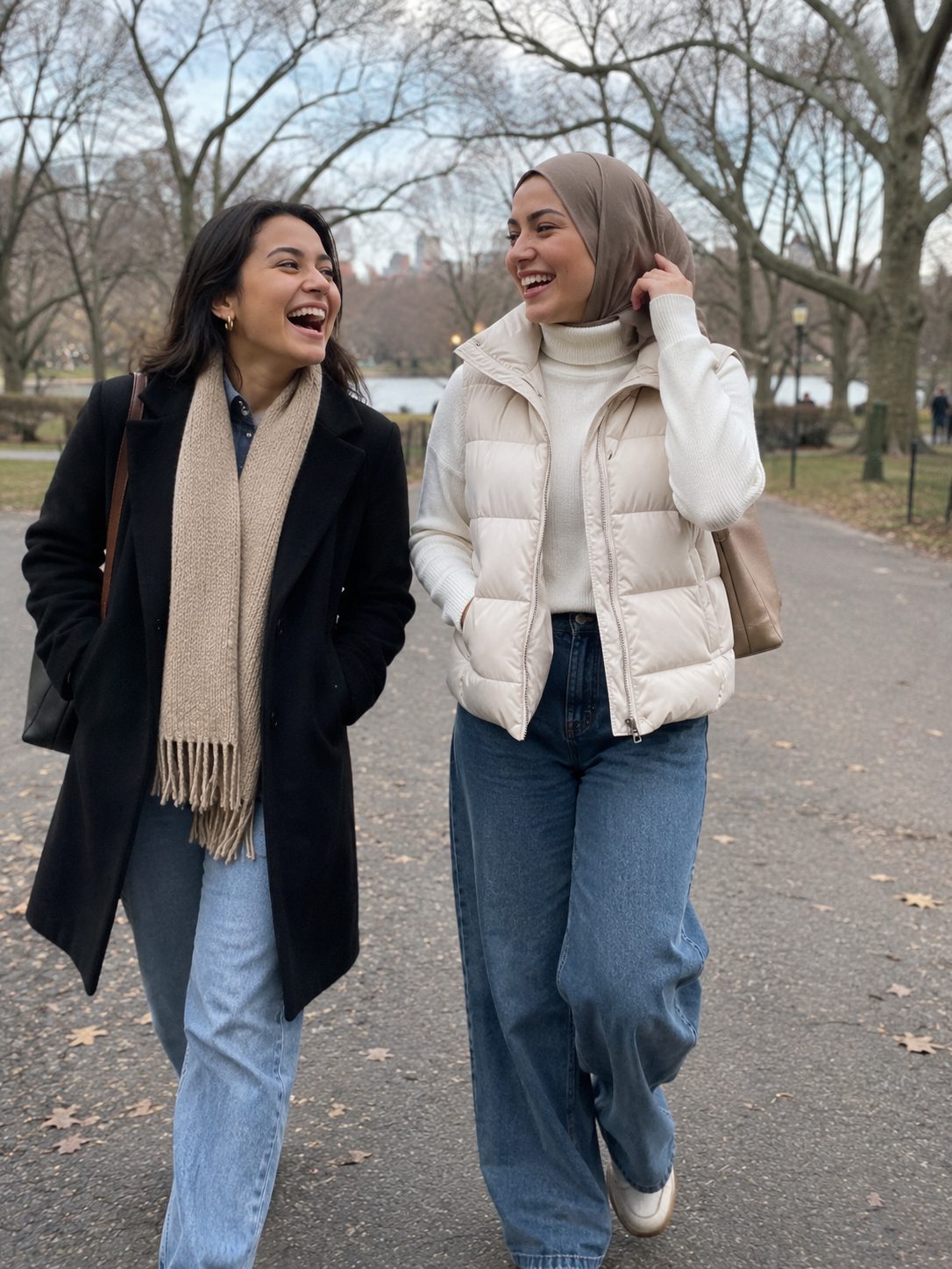 A Puffer Vest Over a Turtleneck and Wide-Leg Jeans