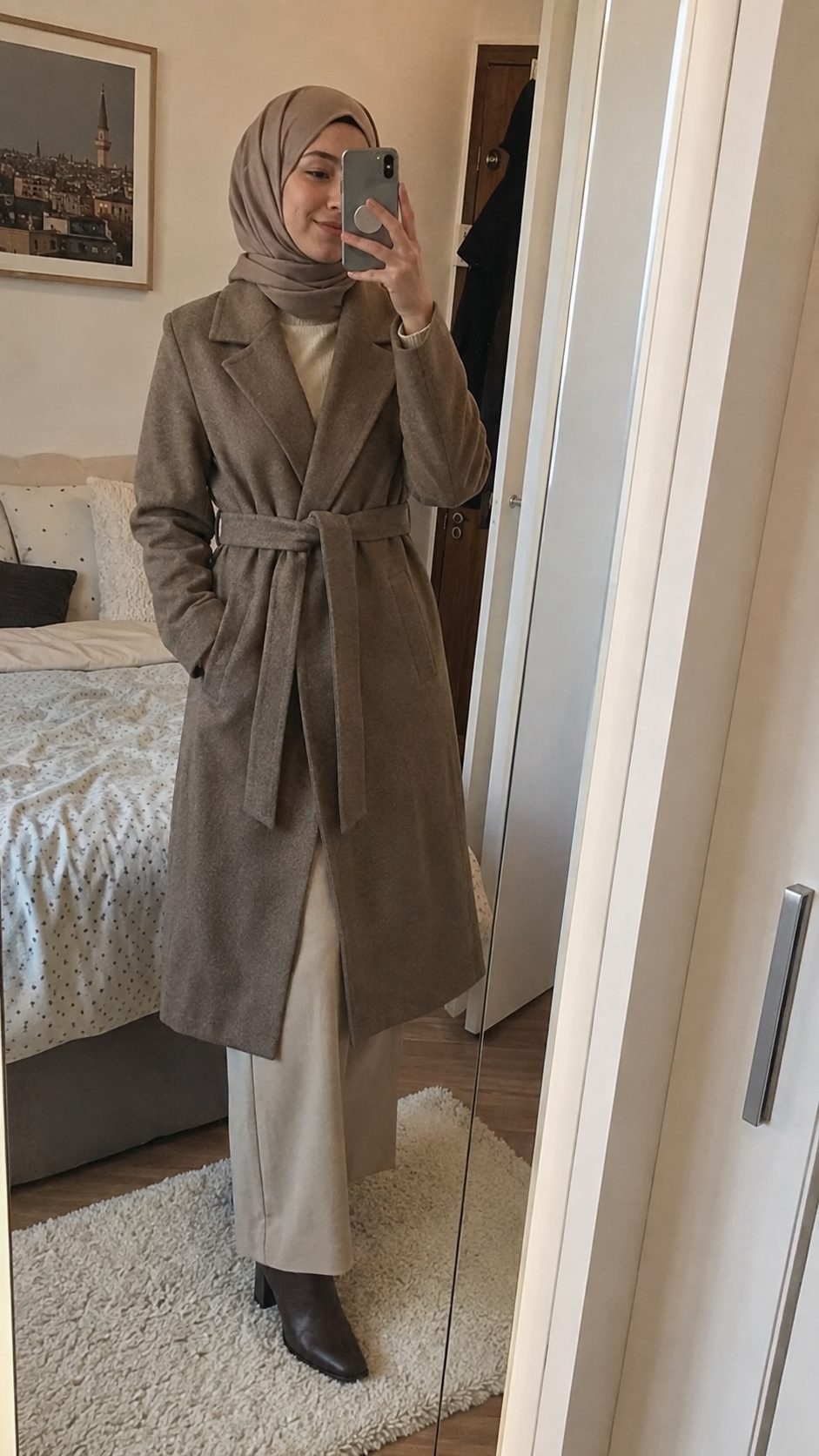 A Belted Wool Coat Over Wide-Leg Pants