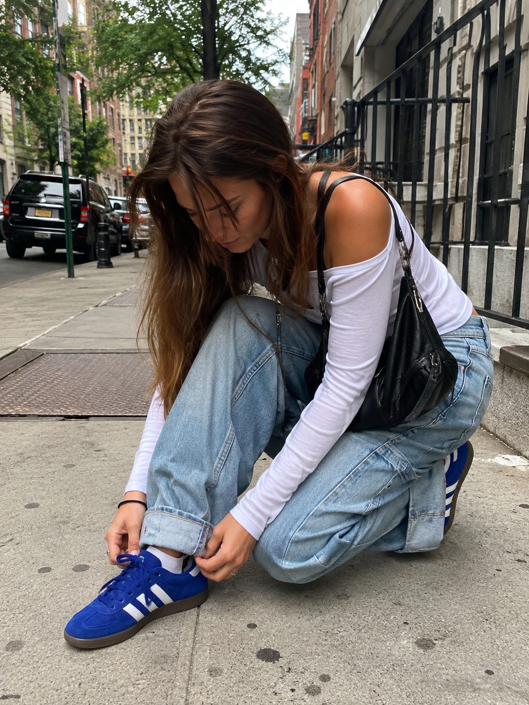 Cuff Denim Twice Above the Ankle to Show Off Cobalt Sneakers