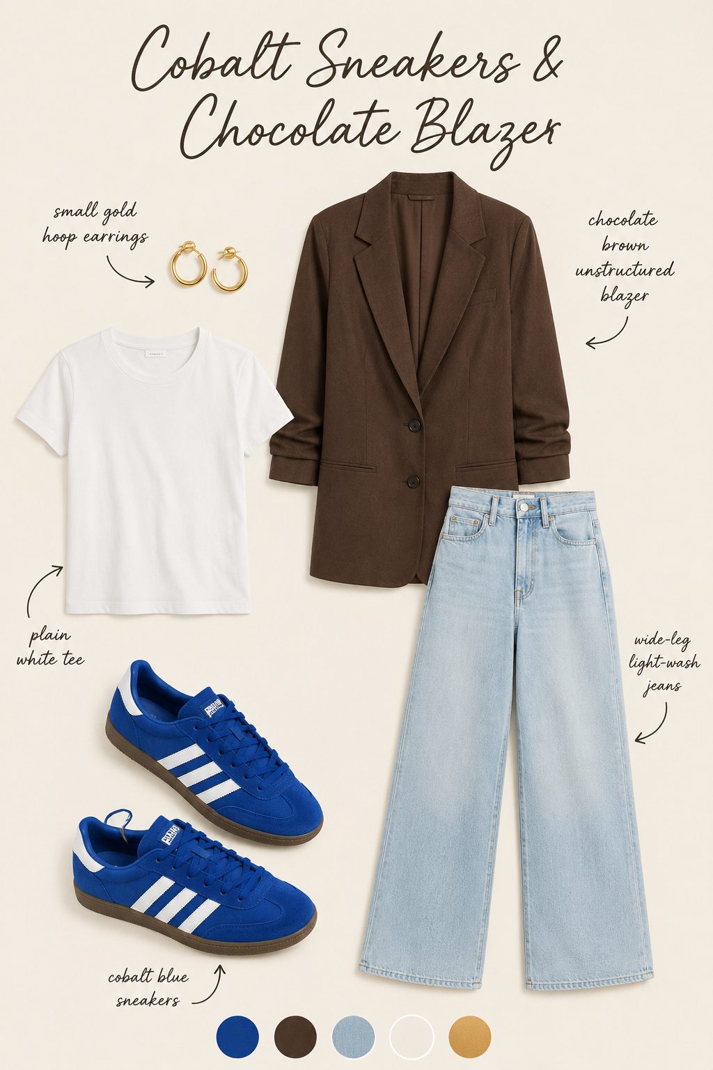 Cobalt Sneakers With Wide-Leg Jeans and a Chocolate Blazer