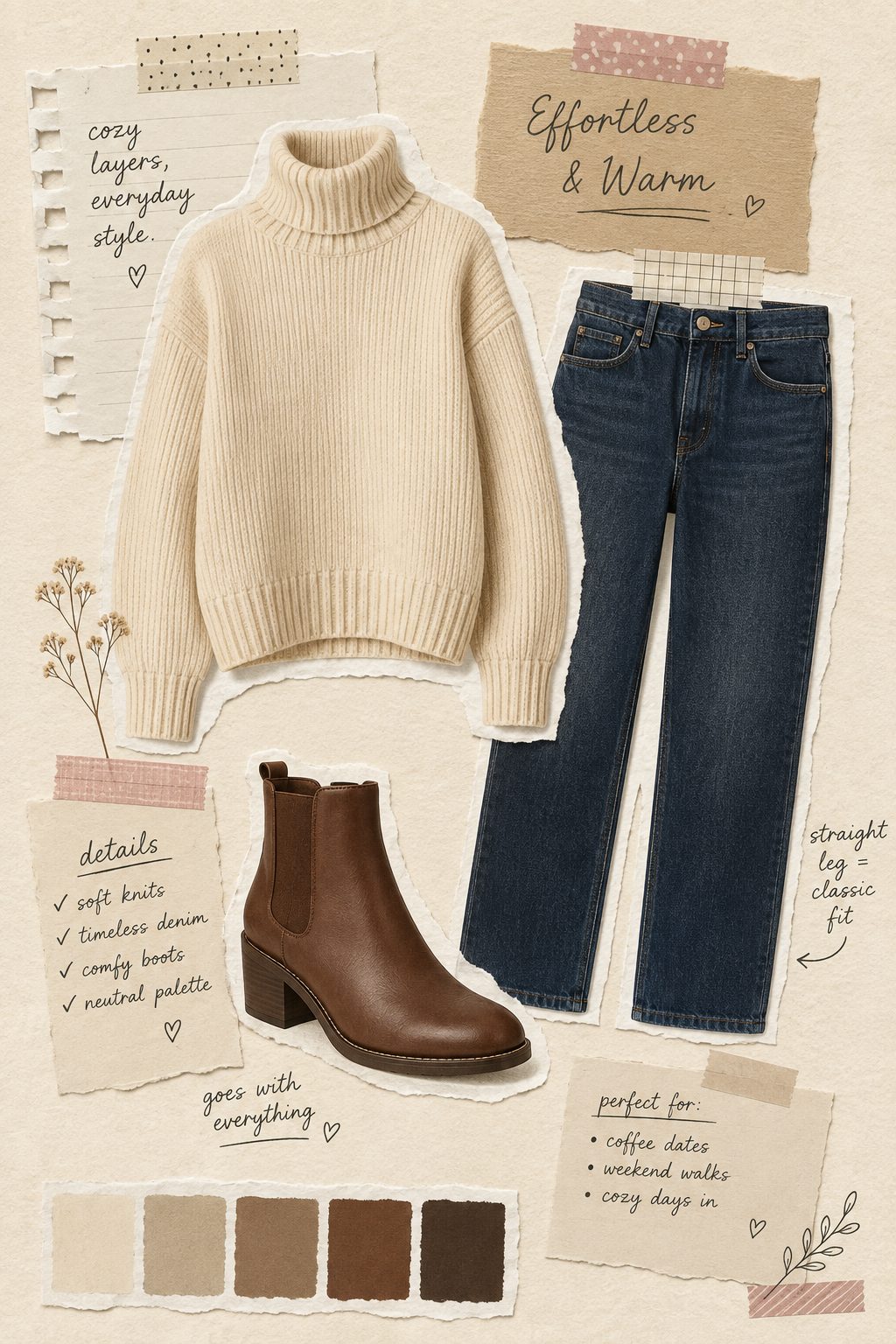 Chunky Turtleneck Sweater With Straight-Leg Jeans and Ankle Boots