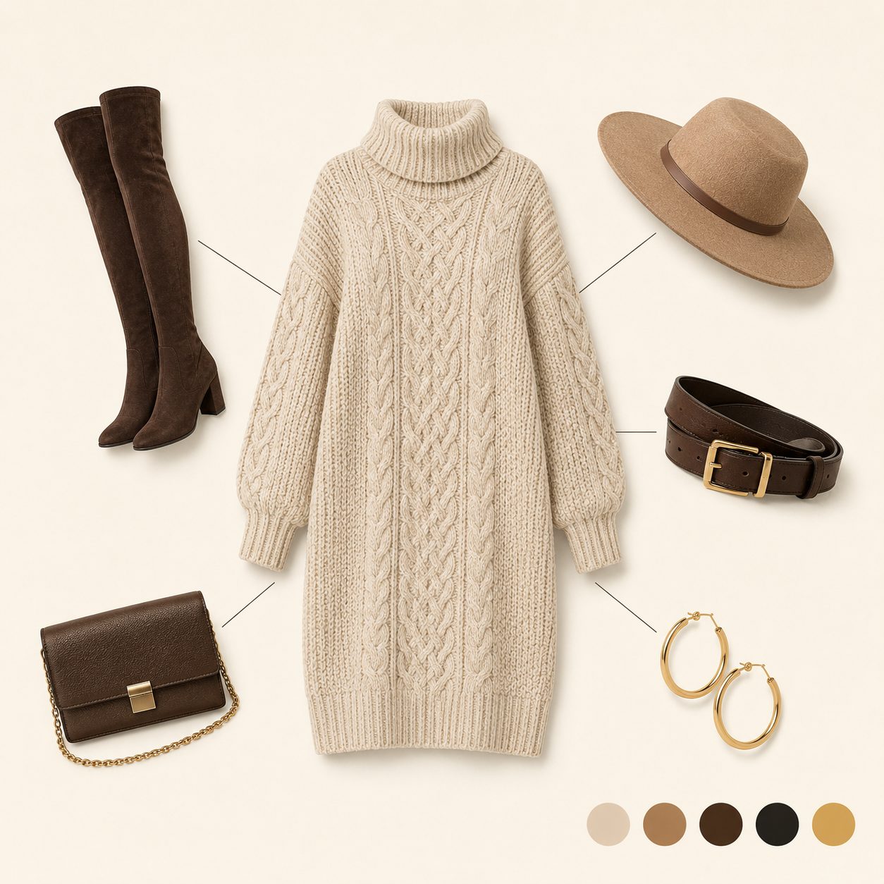 Knit Beanie, Scarf, and Mittens Set Over a Solid Coat