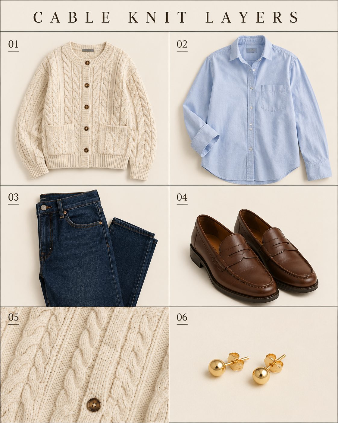 Cable-Knit Cardigan Layered Over a Collared Shirt