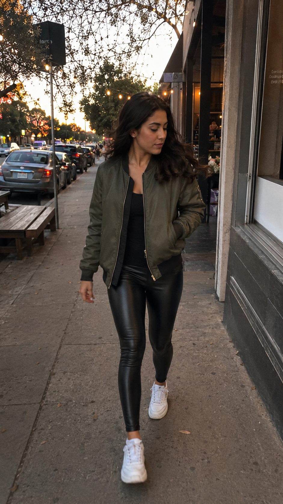 High-Shine Yoga Pants With a Bomber Jacket for Night Errands