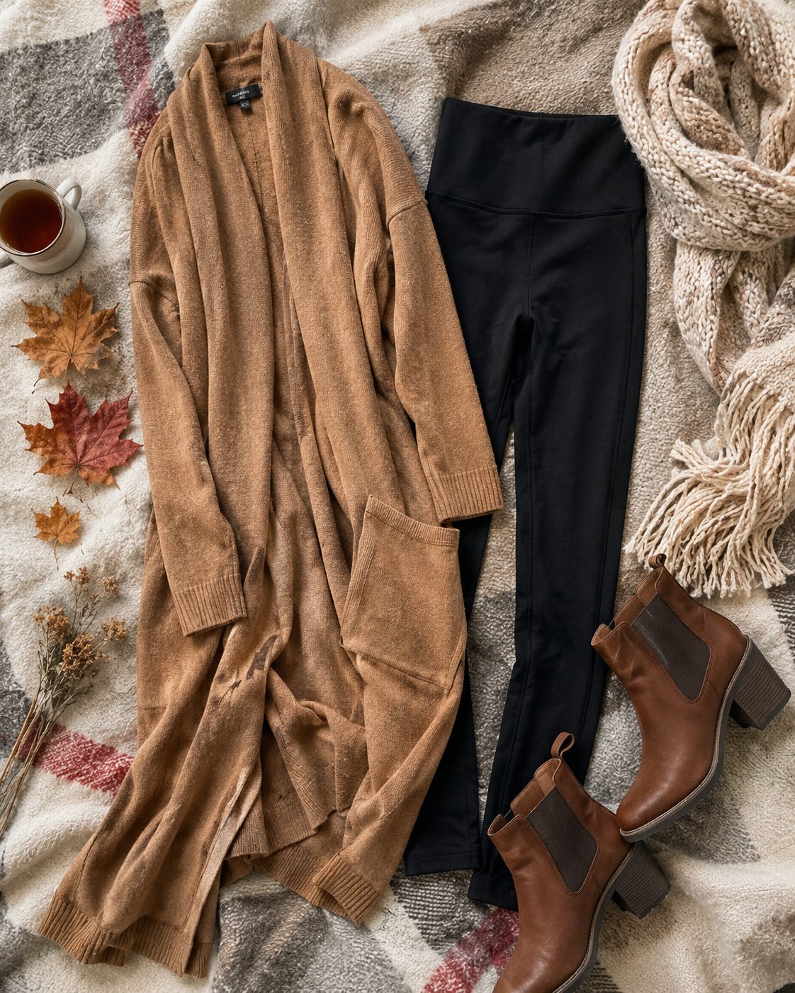 Yoga Pants With a Long Cardigan and Ankle Boots for Fall
