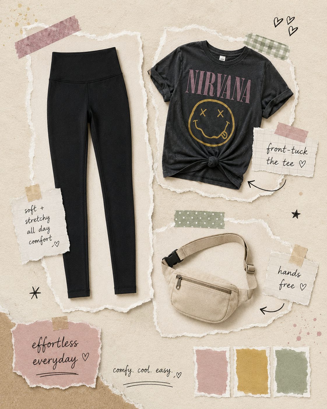 Yoga Pants With a Graphic Tee Tucked In and a Belt Bag