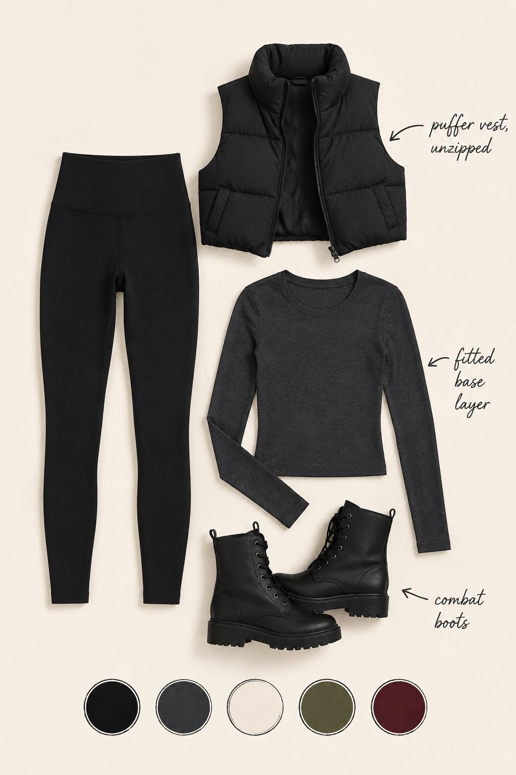 High-Waisted Black Leggings With a Cropped Puffer Vest and Combat Boots