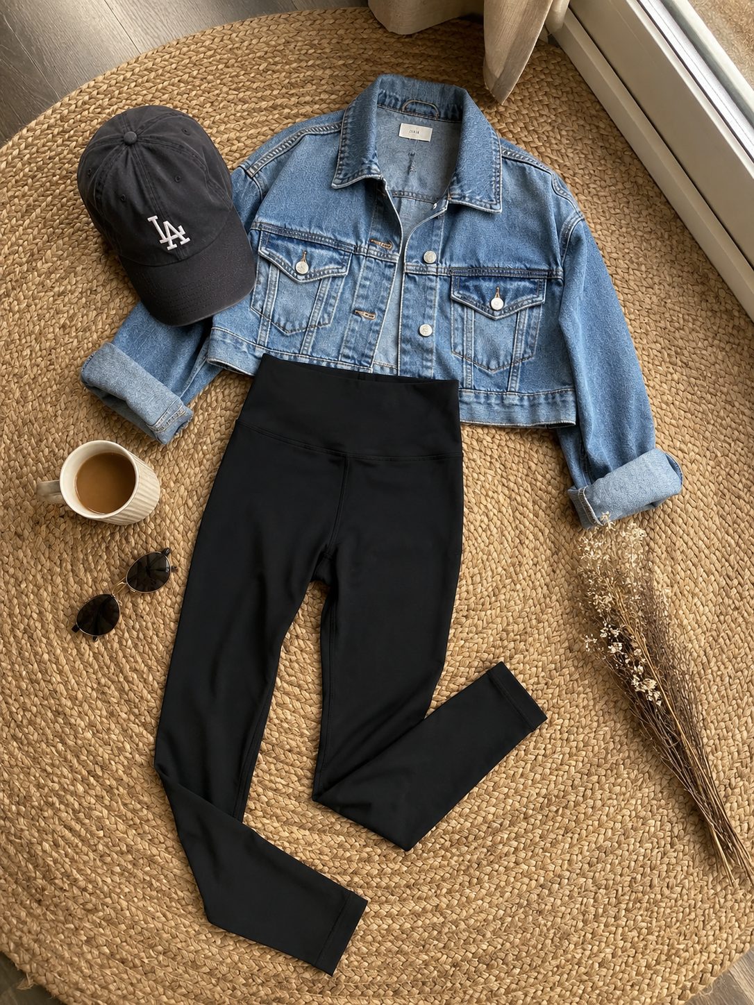 Yoga Pants With a Denim Jacket and Baseball Cap